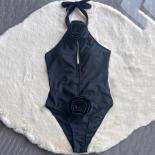  Flower Halter Black Swimwear Women One Piece Swimsuit Cut Out Monokini High Cut Bathing Suit Bodysuit Bather 2024 New S