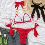  Halter Triangle Micro Thong Bikinis Set Red Swimwear Woman Swimsuit Metal Shell Decoration Kontted Bathing Suit Bather 