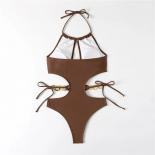  Brown Backless Cut Out Swimsuits Monokini Women One Piece Swimwear Metal Ring String Halter Bathing Swimming Suit Bathe