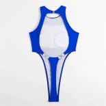  Blue Backless Swimwear One Piece Swimsuit Women 2024 High Leg Cut Bathing Suit Bathers Mesh Patchwork Swim Wear Monokin