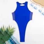  Blue Backless Swimwear One Piece Swimsuit Women 2024 High Leg Cut Bathing Suit Bathers Mesh Patchwork Swim Wear Monokin