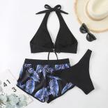  Halter Swimwear Women Bikinis Set 3 Piece With Shorts Bottom Swimsuits Bathing Suit Black Bikini 2024 Mujer Swim Beach 