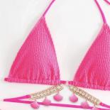  Rose Red Ribbed Swimwear String Halter Micro Thong Bikini 2024 Women Shell Swimsuit Rhinestone Knotted Bathing Suit Bik