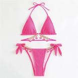  Rose Red Ribbed Swimwear String Halter Micro Thong Bikini 2024 Women Shell Swimsuit Rhinestone Knotted Bathing Suit Bik