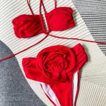  Red Flower Wrinkled Swimsuits Women Two Piece Bandeau Bikinis Sets Mujer High Waist Swimwear Bathing Suit Bikini Beach 
