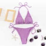  Purple Ribbed Sting Halter Triangle Bikinis Set Mujer Mini Thong Swimsuit Women Swimwear Bathing Suit Micro Bikini Biqu