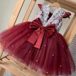 12m Baby Girls Dress Lace V Back Princess Kid's Clothing Birthday Tulle Tutu Dress Party Wedding Formal Prom Pearls Bow 