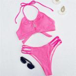  Rose Red Halter Cut Out Bikinis Set Strappy Swimsuit Woman 2023 Swimwear Thong Bathing Suit Brazilian Biquinis Bikini M