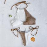 String Halter Ribbed Swimwear Micro Thong Bikinis Set 2023 Women Hollow Out Patchwork Bathing Suit Bathers Swim Bead Bi