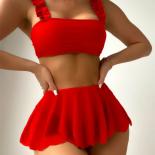 Red Frilled Strap Bandeau Bikinis Set 3 Piece Swimsuit With Skirts Woman 2023 Swimwear Beachwear Bikini Swimming Suit Fo