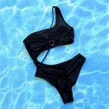 Black One Piece Swimsuit Women Asymmetric One Shoulder Swimwear Female Tummy Cut Out Back Cross String Bather Bathing S