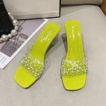 2023 New Pearl Clear Square High Heels Mules Women Slippers Crystal Pvc Transparent  Toe Slides Shoes Sandals Slippers