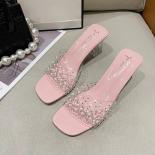 2023 New Pearl Clear Square High Heels Mules Women Slippers Crystal Pvc Transparent  Toe Slides Shoes Sandals Slippers