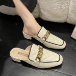 2022 New Chain Mules Women Slides Square Toe Ladies Striped Shoes Summer Fashion Footwear Slippers Square Heel Slippers