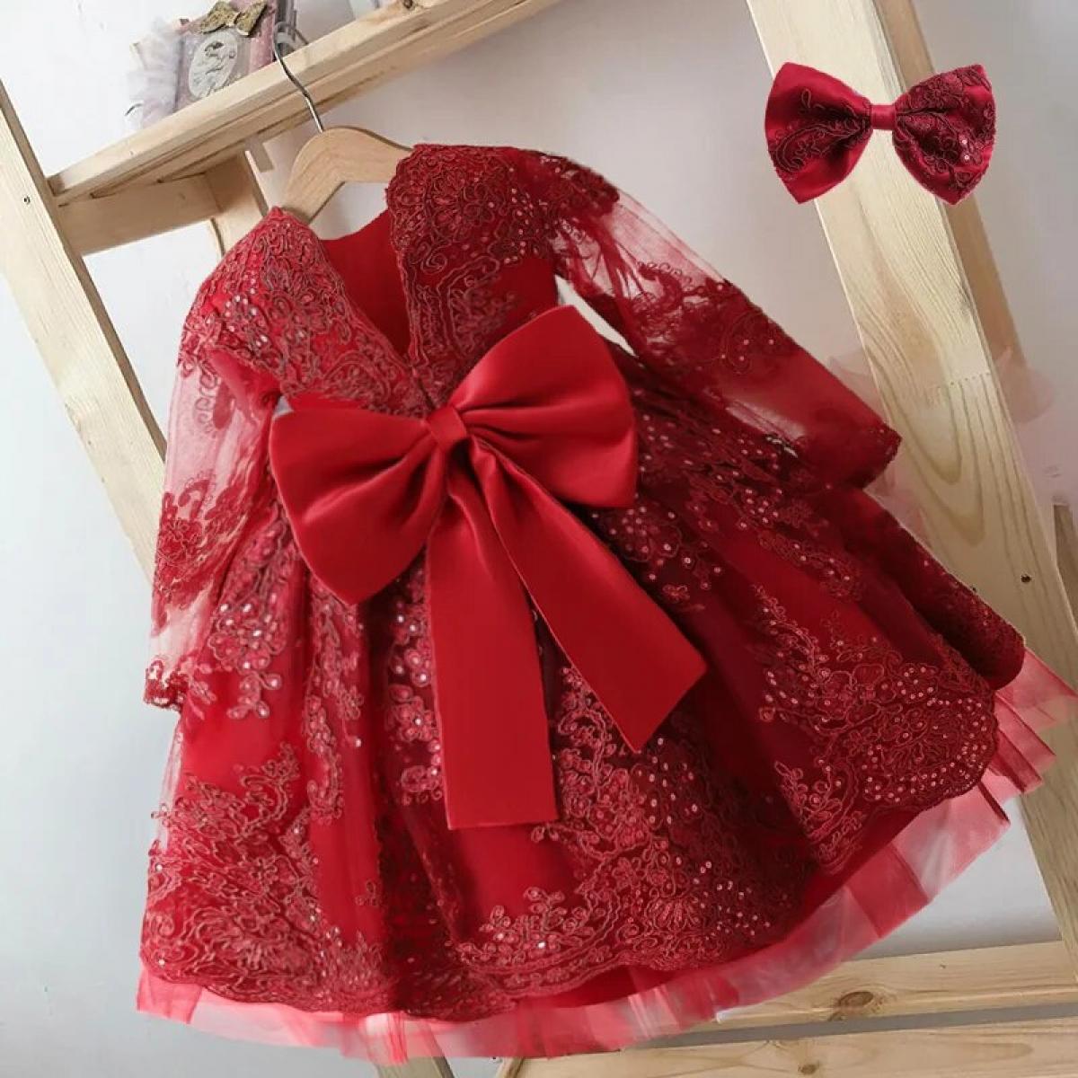 Toddler Girl Red Christmas Dress Kids Birthday Party  Gown Elegant Girls Backless Dress Infant Lace Full Sleeve Formal C