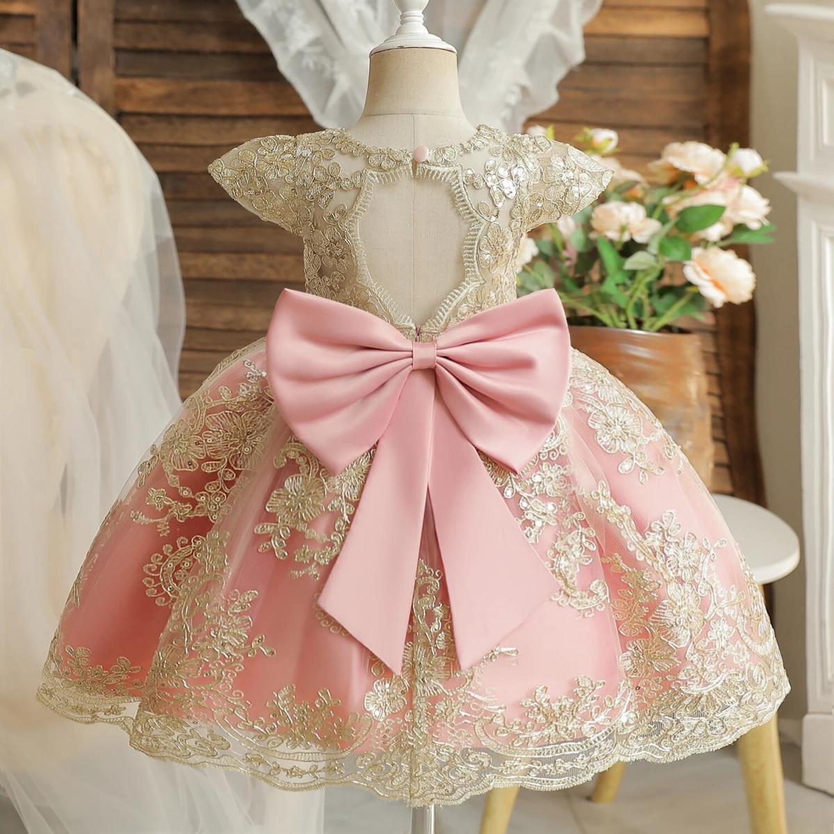 Embroidery Vintage Girls Party Princess Dress For 1 5 Yrs Kids Backless Bow Birthday Baptism Lace Gown Child Ceremony Pr