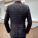 Men's Business Fashion Casual Single Breasted Trousrers Suits / Male Plaid Jacket Blazers Vest Pants 3 Pcs Sets / Plus S