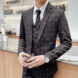 Men's Business Fashion Casual Single Breasted Trousrers Suits / Male Plaid Jacket Blazers Vest Pants 3 Pcs Sets / Plus S