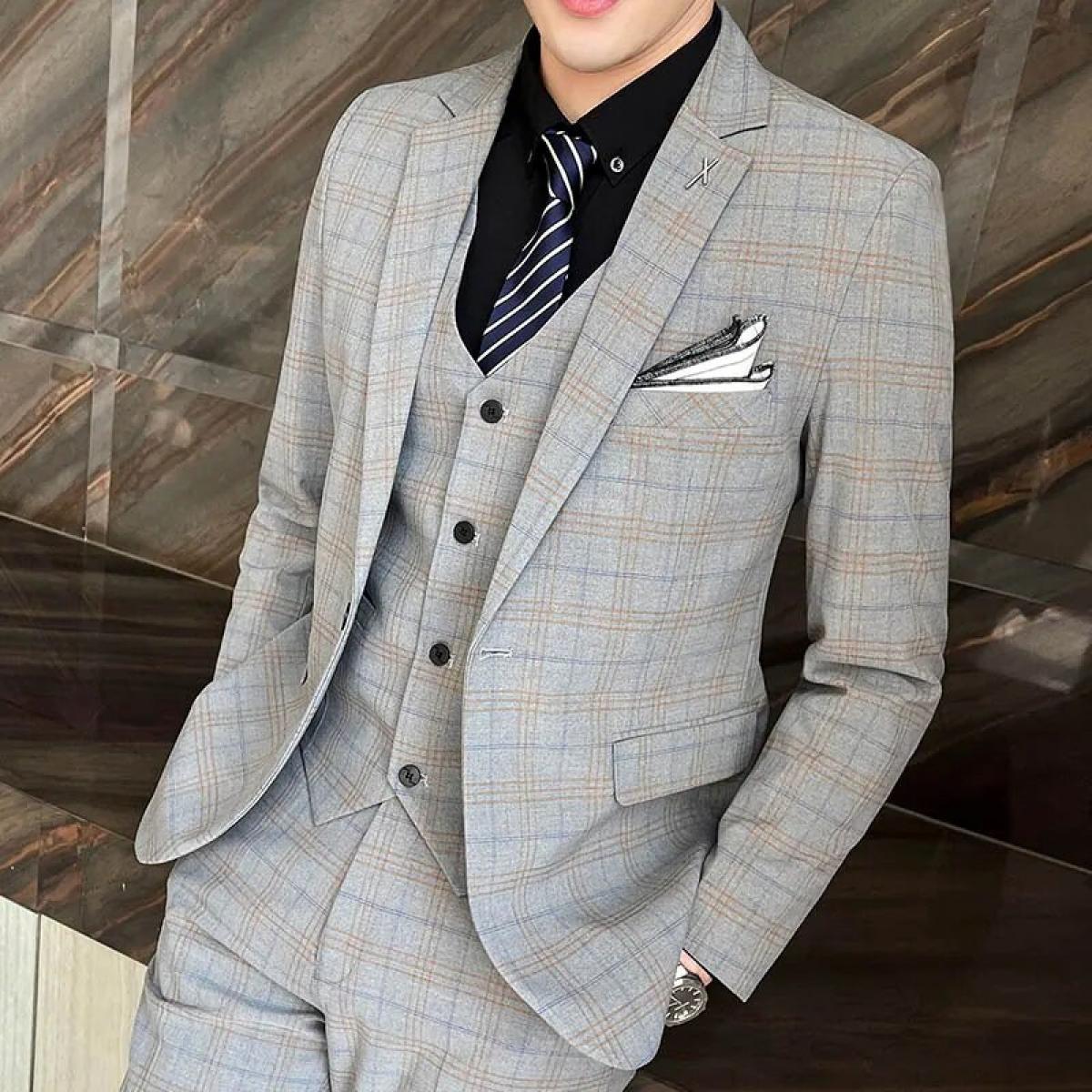 Conjunto de tres piezas de abrigo para hombre, traje a cuadros ajustado informal, moda de negocios, Boutique, chaquetas de boda,