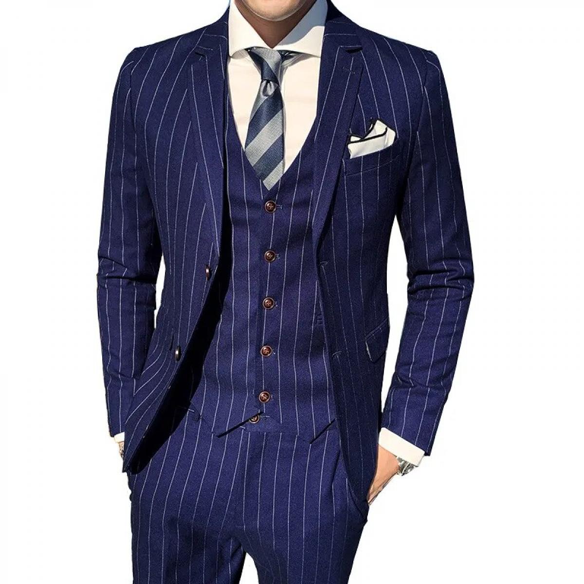 3 Pcs Jacket Pants Vest Suit Set / Gentleman Slim Fit Stripe Blazers Coat Trousers Waist Male Wedding Dress Groomsmen Cl