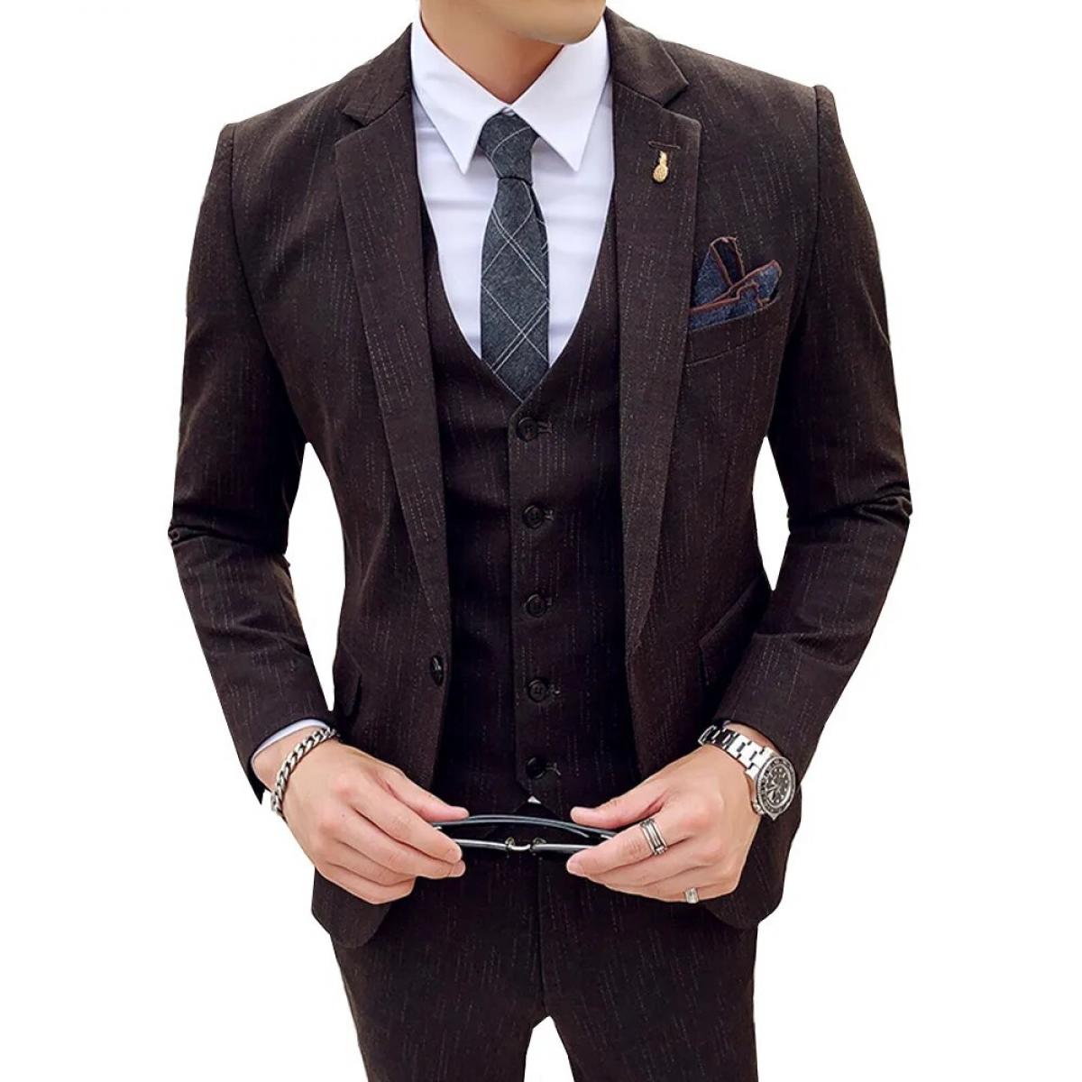3 Pcs Suits Set Men British Style Coat Vest Pants Male Slim Fit Wedding Dress Tuxedos Business Casual Jacket Trousers Wa