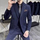 2023 Fashion New Men's Boutique Business Slim Wedding Striped Double Breasted Suit Blazers Jacket Pants Trousers Vest 3 