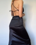  And  Clothing 2024 Spring And Summer Fashion Hot Sale Solid Color Halterneck Backless Thin Strap Hip Skirt  Slit Dress
