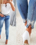New Slimming High-waisted Rhinestone Jeans For Women, Elastic Washed Tight-fitting Pants In Stock