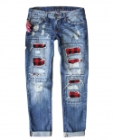Factory Direct Sales Women's Jeans Red Plaid Ripped Women's Jeans Trousers