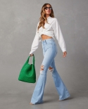 Factory Direct Sales New  And  High Waist Ripped Jeans Women's Street Hottie Bell Bottoms Trousers