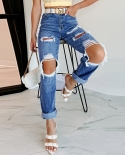 Factory Direct Sales  Straight-leg Women's Jeans High-waist Slim New  Goods   Ripped Jeans