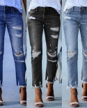Factory Direct Sales New Style Washed Frayed Fringed Women's Jeans  And  Slim Fit Elastic Pencil Pants Wholesale