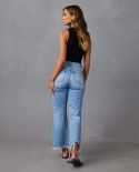 New Wide-leg Pants With Tassels, Washed Ripped Holes, Long Jeans, Straight-leg Casual Trousers For Women