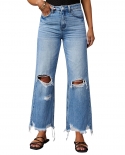 New Wide-leg Pants With Tassels, Washed Ripped Holes, Long Jeans, Straight-leg Casual Trousers For Women