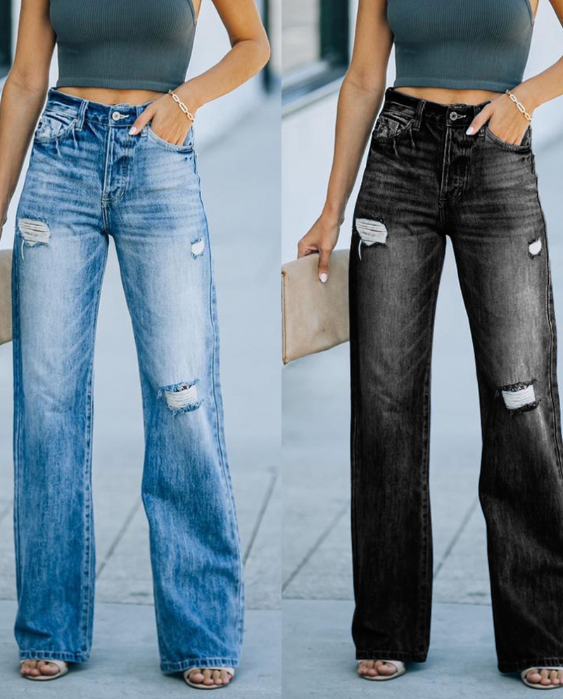 Factory Direct Selling Spot   Wholesale Jeans Women's Fashion Washed Ripped Holes Slimming Wide Leg Denim Trousers