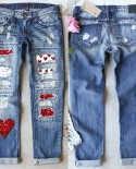 2024  And  New Style Washed Jeans For Women With Heart Patches, Ripped Holes, Mid-waist Straight Pants, Trousers In Stoc