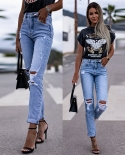 2024 Spring Factory Ready Stock  And  Elastic Ripped Women's Straight-fitting Butt-lifting Fashion Jeans