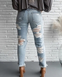 Autumn New  And  Ripped Women's Jeans, Washed, Fashionable, Torn, Frayed, Fringed Denim Trousers
