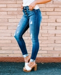 Factory Direct Sales Autumn New Ripped Leg Jeans For Women Washed Buttoned Pencil Pants For Women Casual Pants