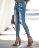 Factory Direct Sales  And  New Style Washed High Elastic Slit Leg Pants Ripped Women's Denim Trousers