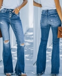 Ripped Raw Edge Micro-flared Jeans For Women  And  2024 Spring High-waisted Slim-breasted Flared Pants In Stock