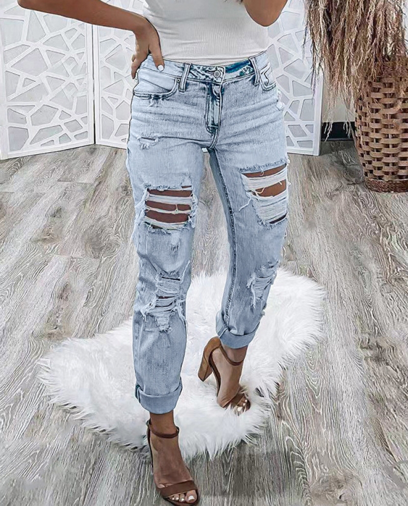 Washed  And  Women's Jeans New Spot Light Color Ripped Casual Trousers