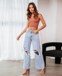 2024  And  Knee Hole Jeans Women's High Waist Long Wide Leg Pants Light Color Washed Casual Pants