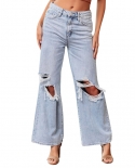2024  And  Knee Hole Jeans Women's High Waist Long Wide Leg Pants Light Color Washed Casual Pants