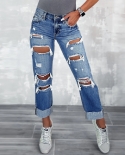 Factory Direct Sales 2024 New Women's Ripped Jeans Pocket Slimming  Straight Pants Trousers