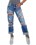 Factory Direct Sales 2024 New Women's Ripped Jeans Pocket Slimming  Straight Pants Trousers
