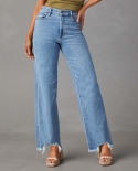 2024 Loose Casual Jeans Women's Fashion Simple Tassel Straight Pants Women's Ready Stock
