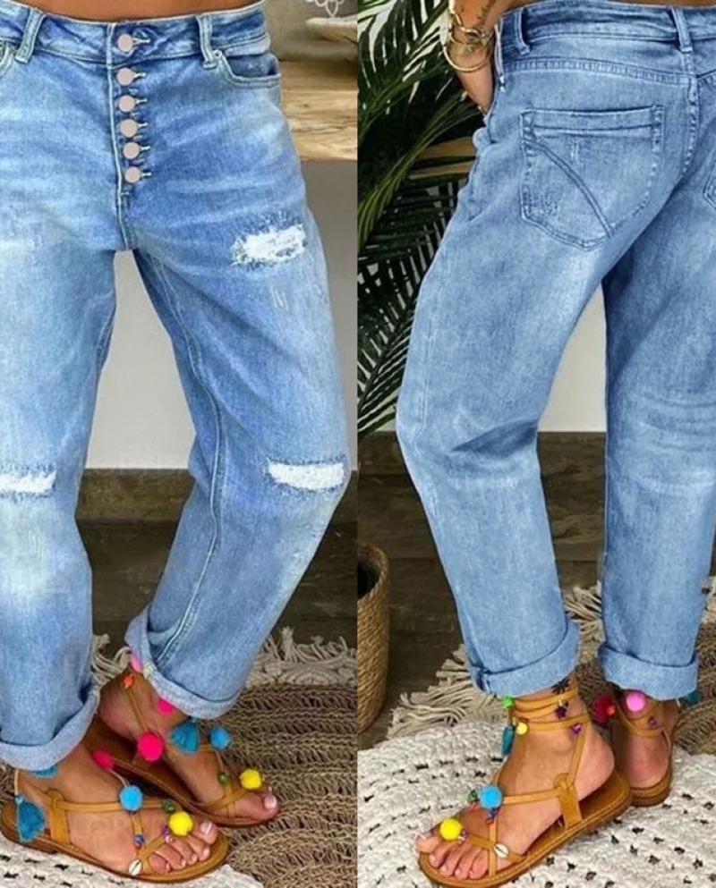 2024  And  New Style Blue Ripped Jeans Women's Loose Straight Casual Trousers In Stock