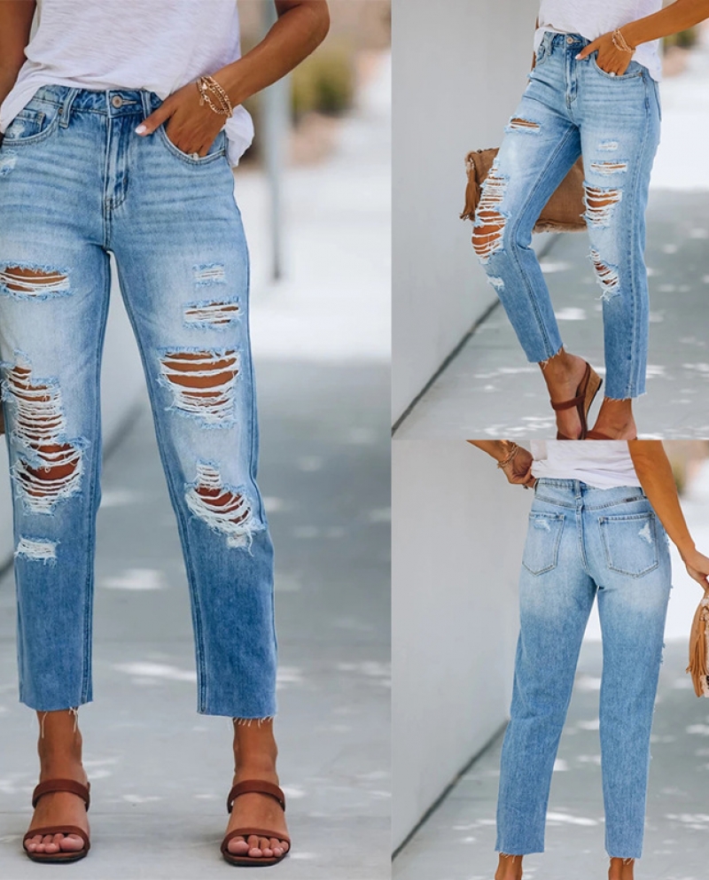   Jeans, Summer Temperament, Simple  And  Ripped, Slim, Washed Denim Trousers For Women