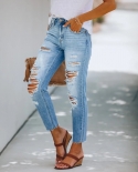   Jeans, Summer Temperament, Simple  And  Ripped, Slim, Washed Denim Trousers For Women
